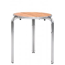 Tavolo con struttura in alluminio, piano in doghe di legno - Ø 60 x H73 cm