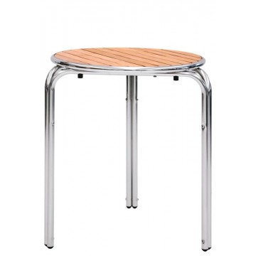 Tavolo con struttura in alluminio, piano in doghe di legno - Ø 70 x H73 cm