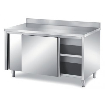 Tavolo inox armadiato con alzatina e porte scorrevoli - PROF. 600 mm