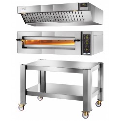 Forno elettronico in acciaio completo con 1 Modulo, capacità 4 Pizze, cappa aspirante inox e piedistallo inox con ruote