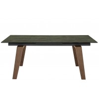 Tavolo con struttura in metallo verniciato, gambe in legno, piano allungabile in vetroceramica