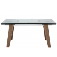 Tavolo con struttura in alluminio, gambe in legno, piano allungabile in cristallo
