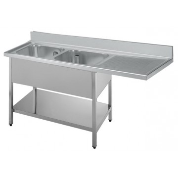 Lavello inox per lavastoviglie - 2 vasche con gocciolatoio a sbalzo destro e ripiano inferiore - PROF. 70 cm