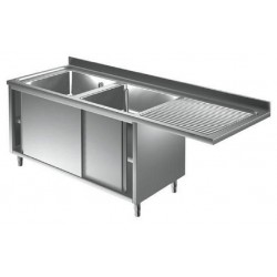 Lavatoio inox armadiato per lavastoviglie - 2 vasche con gocciolatoio a sbalzo destro - PROF. 60 cm