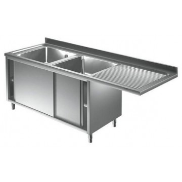 Lavatoio inox armadiato per lavastoviglie - 2 vasche con gocciolatoio a sbalzo destro - PROF. 70 cm