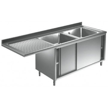 Lavatoio inox armadiato per lavastoviglie - 2 vasche con gocciolatoio a sbalzo sinistro - PROF. 60 cm