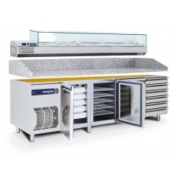 Tavolo da laboratorio per pizza, 2 porte con cassettiera TP2 TN (0/+8°C) 346 Lt - PROF. 83 cm