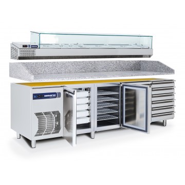 Tavolo da laboratorio per pizza, 2 porte con cassettiera TP2 TN (0/+8°C) 346 Lt - PROF. 83 cm