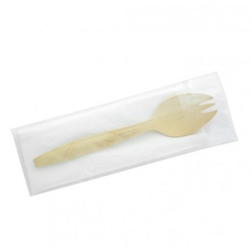 Kit usa e getta Spork in legno con tovagliolo, imbustate singolarmente,14,5 cm (250 pcs)