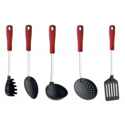 Set 5 Utensili da cucina in Acciaio e Nylon con manico Rosso ergonomico (4 Confezioni)